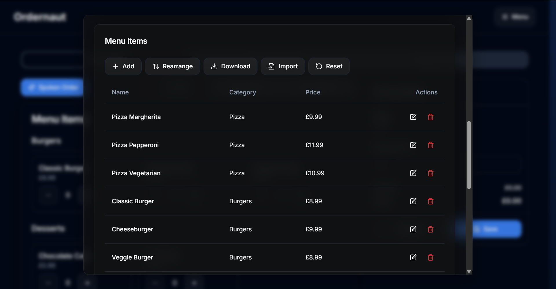 Ordernaut Menu Management Interface